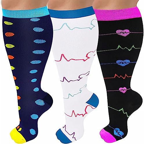 3 Paar Kompressionsstrümpfe in Übergröße (20-30 mmHg) für Frauen und Männer Extra große breite Wadenstrümpfe Kniestrümpfe (DE/NL/SE/PL, Alphanumerisch, 4XL, Große Größen, Regular, Mehrfarbig-1)