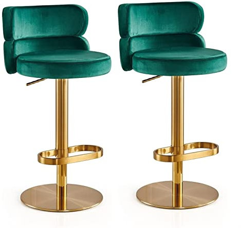 Barhocker aus grünem Samt, 2er-Set, rund, gepolstert, drehbar, höhenverstellbar, Frühstücksbarstuhl, Edelstahl, Titan, Gold, gebogener Rückengurt, goldene Fußstütze für Küchentheke Made in China