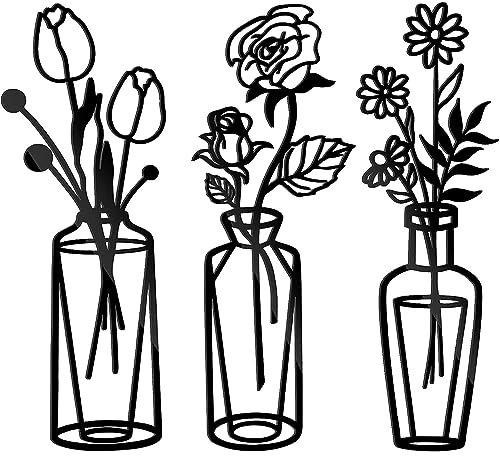 Metall Blumen Wandskulptur 3 Stück - Minimalistische Wandkunst aus Schwarzem Metall für Schlafzimmer, Wohnzimmer, Flur, Büro, Garten, Hotel - Wand Dekor