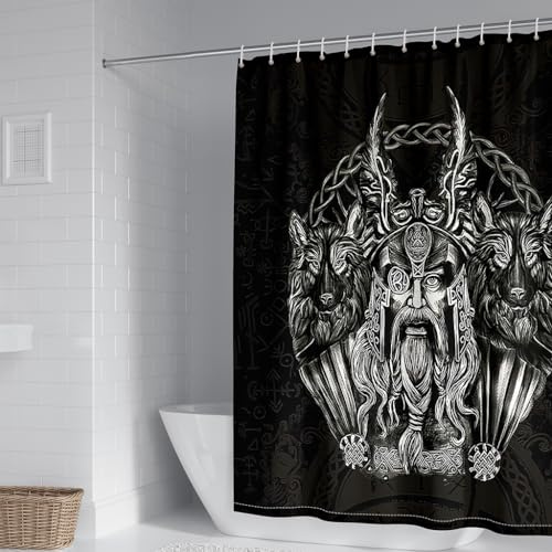 WIKINGER Duschvorhang 180x200 cm Anti-Schimmel Anti-Bakteriell Shower Curtains 3D Viking Odin Duschvorhänge Waschbar Wasserdicht Polyester Textil Badvorhang mit 12 Haken für Badezimmer