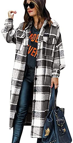 Yming Frauen Lange Ärmel Plaid Mantel Shacket Revers Button Down Oversized Mode Mantel Schwarz XL