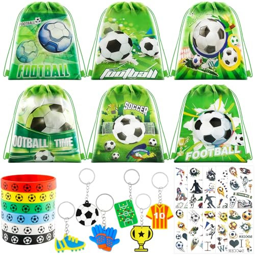 Ourdort Fußball Party Mitgebsel Kinder,mit 6 Fußball Taschen Kordelzug,6 Silikonarmband,6 Fußball Schlüsselanhänger,10 Fußball Tattoos,Fußball Geschenke für Jungs