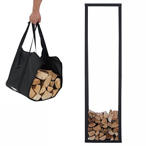 Lendo Online Scaffale per legna da ardere + borsa per il trasporto, per interni ed esterni, Portalegna, per legna da ardere – deposito legna – metallo nero (50x25x196cm)