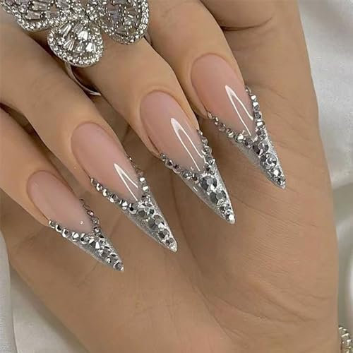 Agasar 24pcs Long Stiletto False Nails French Glitter Silver Tip Stick on Nails Rhinestone Press on Nails Removable Glue-on Nails Full Cover Fake Nails Women Brides Nail Art Accessories