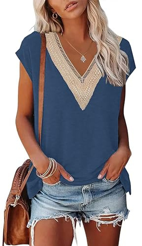 PLOKNRD Camiseta de Encaje Femenino con Cuello V Elegante Blusa de Manga Corta en Verano Camiseta Relajada Blusa de Playa(Azul Navy,XXL)