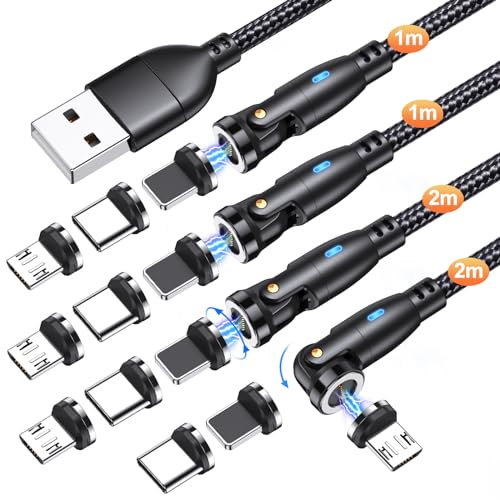 9Pin Magnetic Charging Cable (4Pack-2m/2m/1m/1m), 360°/180° Rotating Magnetic Phone Charger Cord, 3A Magnetic Fast Charging Cable, USB Data Transfer Cable for Type C/Micro USB/i-Product