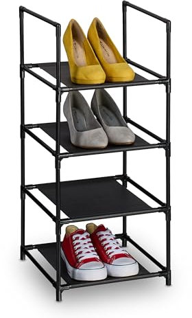 Relaxdays Schuhregal, 4 Ebenen, HBT: 72x33x33 cm, Metall Schuhablage, Stoff Ablage, schmales Schuhgestell, schwarz/grau