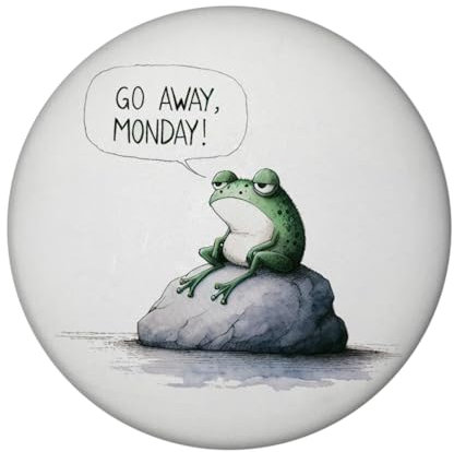 Griesgrämiger Frosch Magnet rund mit Spruch Go Away, Monday! Motivation für demotivierte Kollegen im Büro - Perfekt für griesgrämige Montage Go Away Monday