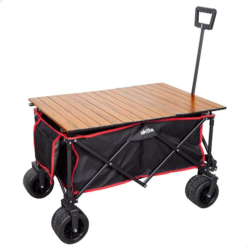 Aktive Carro Mesa Playa, para Transportar Accesorios de Playa, jardín o Camping, 100 kg, Ruedas robustas y giratorias 360 Grados con Frenos, Mango multiángulo, Bolsillo, Fundas, Portasillas, Negro