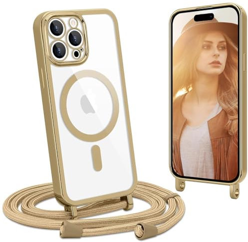 CaseLover Magnetische Handyband kompatibel mit iPhone 16 Pro Hülle mit Band Klare Silikon Necklace Handyhülle mit Kordel zum Umhängen Stossfest mit Kameraschutz Bumper Schutzhülle Case, Gold
