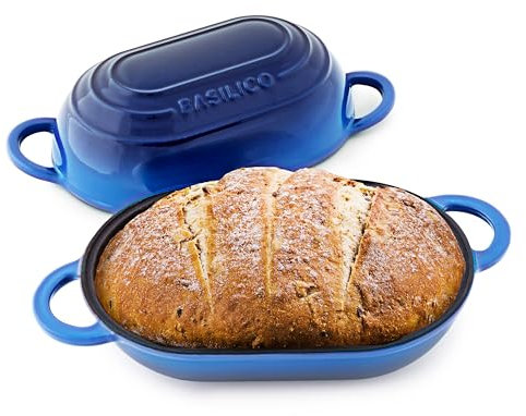 Enameled Cast Iron Bread Oven (Blue), Non-Stick Single Loaf Cast Iron Bread Pan with Lid, Easy Homemade Sourdough Dutch Oven with Lid, Oven-Safe Artisan Bread Baking Pan, Cast Iron Loaf Pan with Lid
