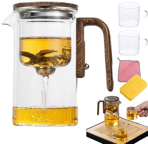 Théière magique en verre avec infuseur, avec poignée en bois, avec infuseur, théière en verre transparent avec passoire, contrôle à pression (520 ml transparent + 2 tasses)