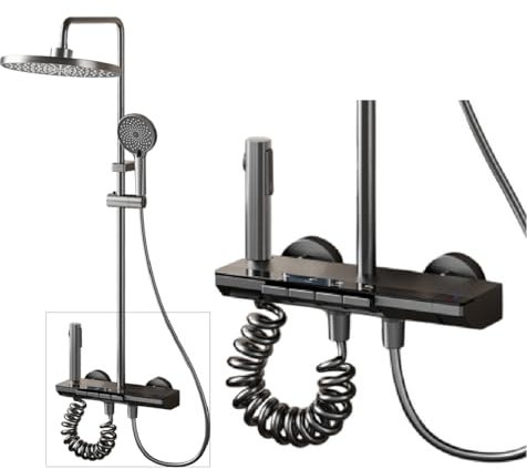 INEX EUROPA Columna Ducha Negro Gris Titanio con Cabezal Redondo - Columna de Ducha 4 Modos y Altura Ajustable – Cabezal, Chorro, Grifo y Alcachofa de Ducha – 10 Años de Garantía