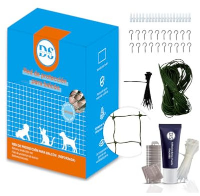 DALARES Red para Gatos Reforzada Sin Taladros | 4x3m Verde | Fijación Red Balcón Sin Taladro | Kit con 50 Ganchos, 25 Bridas y Adhesivo Extra-Fuerte | Malla de Protección Gatos en Ventanas y Terrazas