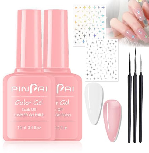 Light Pink & White French Manicure Gel Nail Polish Kit – French Manicure UV Gel Nail Polish Set with 3 Nail Art Pens & Rhinestones Sticker for Women Home Salon Nail DIY