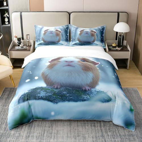 3D Meerschweinchen 100% Baumwolle Bettbezug 135x200 für Kinder Teens Erwachsene,Niedliche Cartoon Cavy Bettwäsche Set,Schöne Wilde Tier Bettbezug,Winter Schnee Bett Set mit 1 Kissenbezug für Zimmer