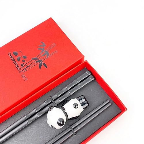 Palillos Negros Reutilizables en Plástico PPS de Alta Calidad, 2 Pares con Soporte de Panda, Antideslizantes, Resistentes al Calor, Ideales para Sushi y Cocina Asiática, Perfectos para Principiantes