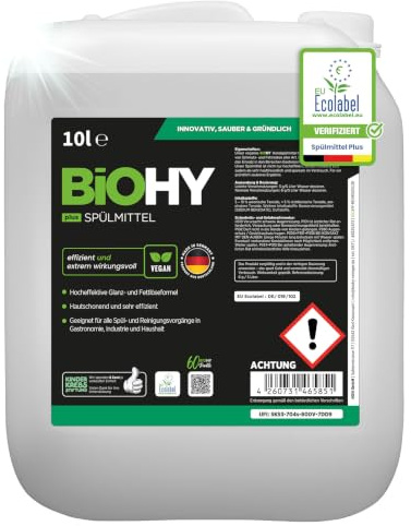 BiOHY Detergente para lavavajillas Plus (bidón de 10 litros) | concentrado líquido orgánico para vajilla con etiqueta ecológica de la UE | Extrapotente desengrasante | ideal para dispensador de