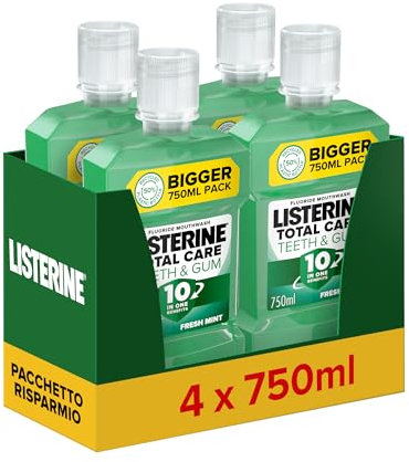 LISTERINE Total Care Denti e Gengive, Collutorio al gusto di Menta Fresca, Con Fluoro e 10 benefici in 1 per una protezione completa e gengive più sane in due settimane, Confezione da 4 x 750 ml