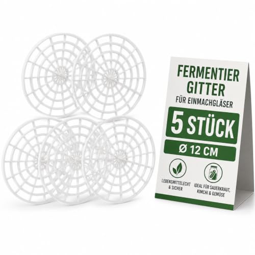 POPETPOP 5 Stück Fermentiergitter aus Kunststoff, 12cm Pressplatte für Einmachgläser, Flexibler Niederhalter & Gärsieb für Fermentation von Sauerkraut, Kimchi und Gemüse (Weiß)