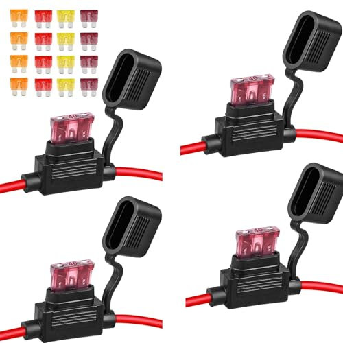 Lot de 4 porte-fusibles en ligne 12 AWG, fil marin en cuivre étamé avec 16 fusibles à lame standard ATC/ATO, porte-fusible automobile pour voiture, camion, VTT, bateau, moto (4 de chaque : 5 A, 20 A