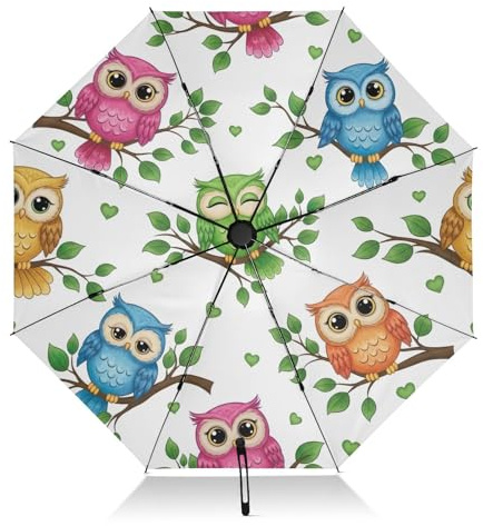 RPLIFE Regenschirm mit niedlichen Cartoon-Eulen, bunt, für Regen, leicht, langlebig, automatisches Öffnen, Schließen für Damen, Reise-Regenschirme für Regen und Sonne