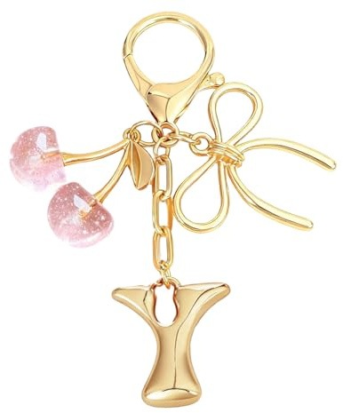 Snylcce Porte-clés Lettre Bulle Dorée avec Noeud et Cerise Charmant Accessoire de Sac pour Femmes