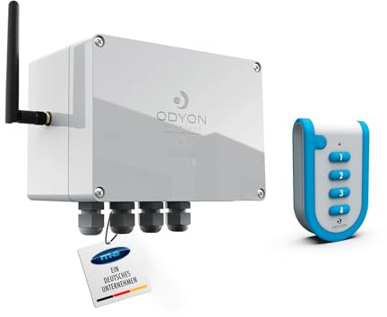 ODYON PRO Power-Set 4, Langstrecken-Funkschalter, 1000m drahtlose Reichweite, 24 V, 2000 W Schaltleistung, bidirektionaler Funk mit Empfangskontrolle, 4-Kanal Handsender + wetterfester Wand-Empfänger