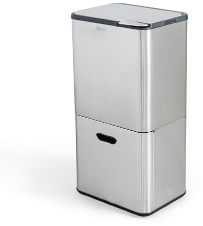 Bayt Poubelle Cuisine 60L en Acier Inoxydable Argent - Poubelle Tri Sélectif 2 Bacs (27L+33L) | Poubelle Double Compartiment Recyclage Vertical Compact, Meuble Poubelle de Tri de Cuisine Étroit