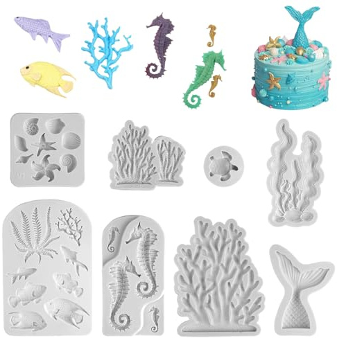 8 Stück Silikon Gießformen Meeresmotiv, Silikonform Meerjungfrau, 3D Fondant Formen Meerestiere, Backform Meerjungfrau 3D Ozean, Muschel Seestern Tortendeko, für Schokolade, Pudding Kuchendekoration