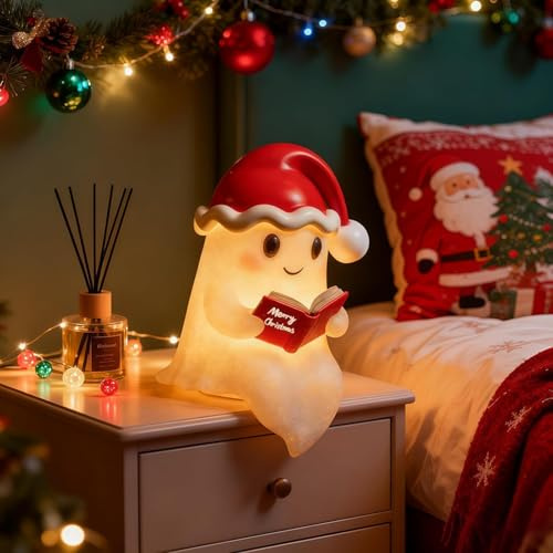 REGAPOG Christmas Ghost Reading Book Lamp, Christmas nachtgeist lampe mit Santa-Hut, Niedliche Xmas Leuchtender Geist Statue Nachtlicht für Innenbereich Tischmittelstück, weihnachtsdekoration (B)