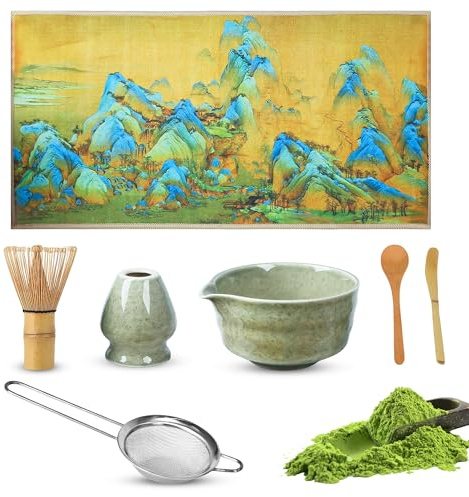 Matcha Set,7 Piece Matcha Besen Set, Matcha Tea Set Matcha Besen, Matcha Schale mit Ausgießer (Chawan), Sieb, Schaufel, Tea Set,Teetuchunterlage,für Teeliebhaber und Teezeremonie-Anfänger