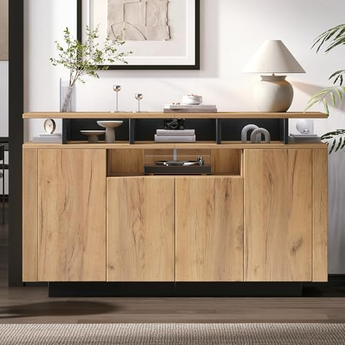 Merax Aparador de madera con 4 puertas y tres compartimentos abiertos, armario de cocina rústico, armario auxiliar de pie, color natural, 140/T40/altura 85 cm