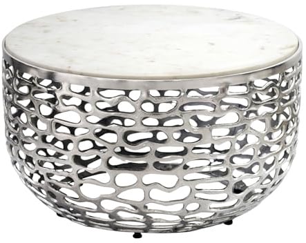 WOHNLING Couchtisch Rund 60x60x35 cm Metall Silber Marmorplatte Weiß | Wohnzimmertisch mit außergewöhnlichem Gestell, Loungetisch Aluminium modern, Sofatisch handgefertigt, Unikat