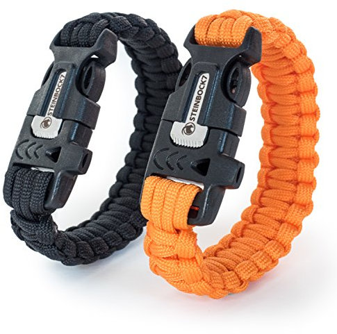Steinbock7 Hochkönig 3-in-1 Paracord-Armband 2er Set - im Verschluss integriert: Pfeife, Feuerstein & Messer - Camping, Outdoor, Wildnis