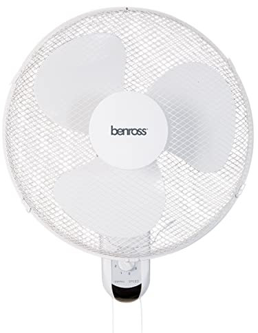 Benross 16-Inch Wall Mounted Fan/Oscillating & Tilting Functions / 3 Speed Controls/Safe Mesh Fan Cover/Lightweight/Easy Install/Pull Cord Activation / 50W / White Colour