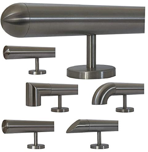 TIBU Edelstahl Handlauf 30-600cm Wandhandlauf 33,7 mm Treppengeländer mit geraden Edelstahlhalter - Länge 110 cm und Ende halbrunde Kappe