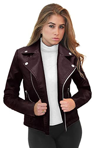 Olivia Miller Damen-Motorradjacke aus Kunstleder mit Reißverschluss, Jk5208-Burgunderrot, M