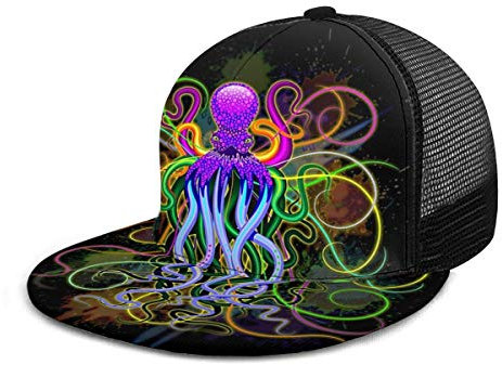 Baseball Cap Hippie Trippy Psychedelic Octopus Baseball Caps Unisex Snapback Flat Bill Hip Hop Hüte / Hut Schwarz