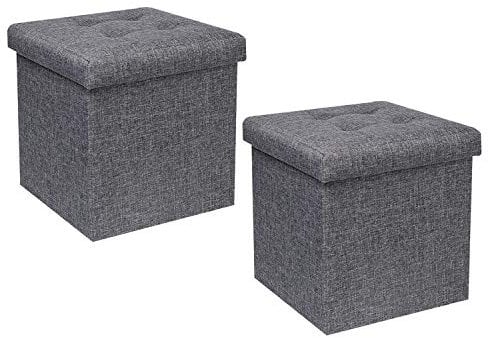 Bonlife Grey Ottoman with Storage Linen Foot Stool Foldable Reat Seat Toy Chest Folding Storage Boxes Fabric with Lid Pack of 2 (32X32X32cm)