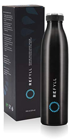 REFYLL Edelstahl Trinkflasche “dailyFYLL” - 500ml, 750ml, 1l - Auslaufsichere Thermosflasche mit doppelwandiger Vakuum Isolierung - Isolierflasche für Sport, Uni, Büro, Schule (Schwarz, 750 ml)
