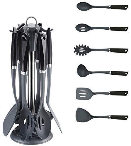 Küchenhelfer 7-teilig Spaghettiheber, Schöpfkelle, Pfannenwender, Servierlöffel Schwarz Michelino