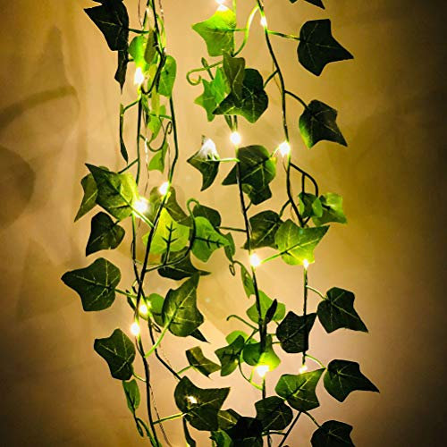 Fangteke Ghirlanda di Edera Artificiale Piante Artificiali LED Stringa Luce Verde Foglia Vite Batteria Luci Stringa Fata per La Casa Giardino Decorazione della Parete di Nozze 2M 20Led