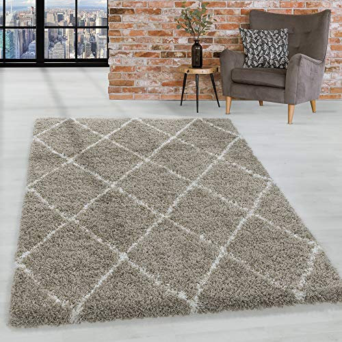 HomebyHome Shaggy Teppich Wohnzimmer 140 x 200 cm - Hochflor Teppich Skandi Rauten Beige Extra Weich und Flauschig - Bettvorleger Teppich für Schlafzimmer, Küchenläufer - Carpet, Halı, Kilim