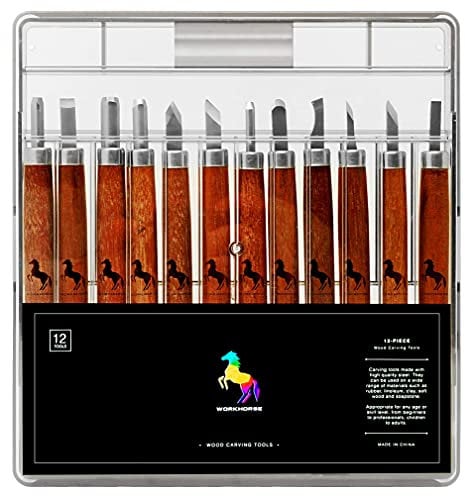 Workhorse 12pcs Premium Wood Carving Tools & Chisels Set for Whittling, Woodworking, Sculpture, Carpentry, with Sharpening Stone and Storage Box