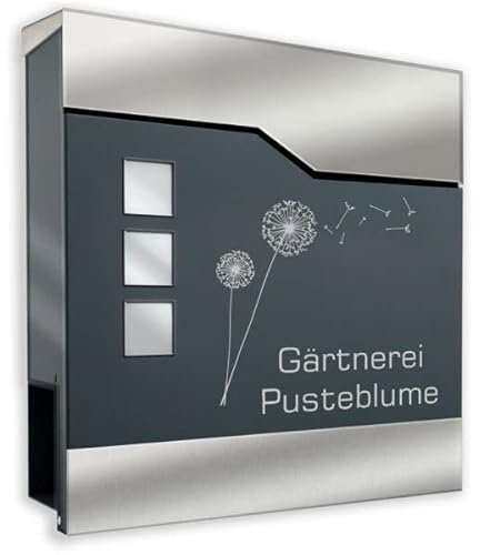 Edelstahl Briefkasten in anthrazit mit Beschriftung - Briefkasten aus pulverbeschichtetem Stahl mit Zeitungsrolle, Briefschlitz und Sichtfeldern
