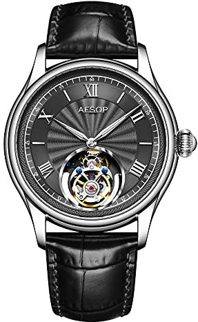 Aesop Mechanische Tourbillon-Uhren für Herren, echtes Tourbillon-Uhrwerk, mechanische Handaufzugs-Armbanduhr, analoges Saphirglas, wasserdicht, Business-Luxusuhr 7041 (Schwarz/Leder)