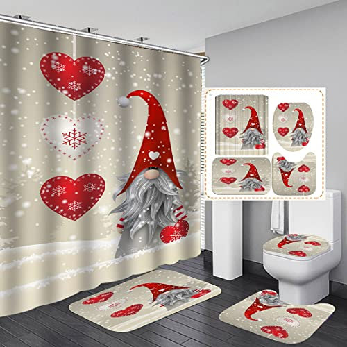 Bullpiano Weihnachts-Duschvorhang-Set, 4-teilig, Rutschfester Teppich, Badematte und WC-Deckelbezug, rote Bälle, Badezimmer-Dekor mit 12 Haken