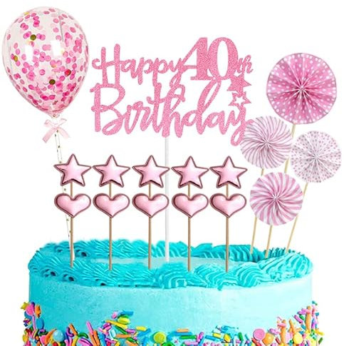 Tortendeko 40 Geburtstag Frau,16 Stück Glitzer 40. Geburtstagstorte Topper,Rosa Cake Topper Deko 40 Geburtstag,Happy 40th Birthday Kuchendeko Luftballons für 40. Geburtstag Party Kuchen Deko