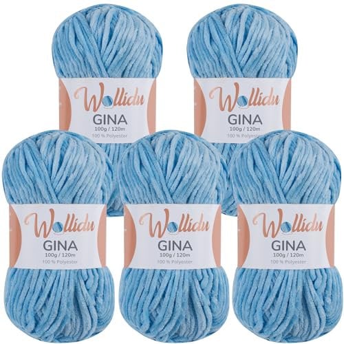 Wollidu Gina Chenille Garn zum Stricken und Häkeln 5 x 100g/120m Set 100% Polyester - Hellblau